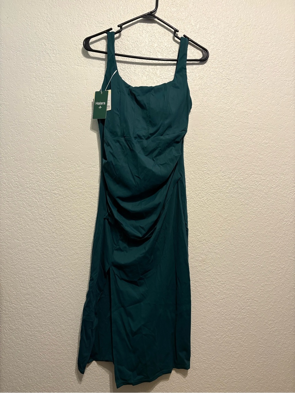 HALARA SoftlyZero Square-Neck Midi Dress with Side Slit Forest Green M NWT - Picture 3 of 6